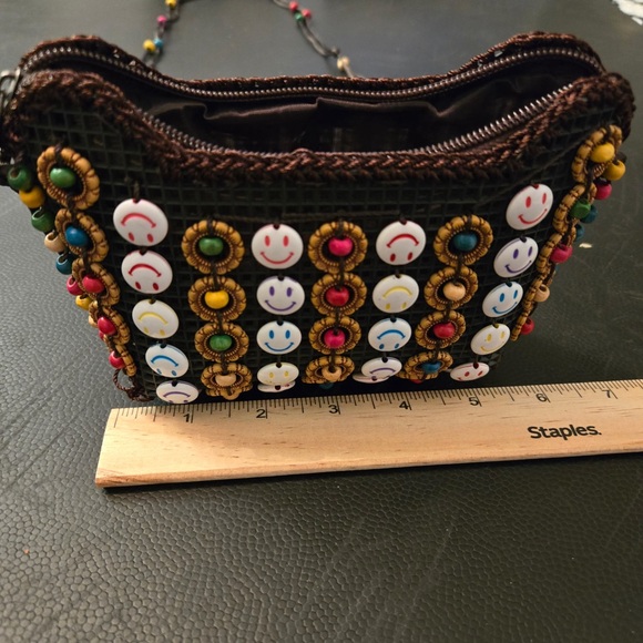 VTG Boho 90s Smiley Face Coconut Shell Beaded Festival Mini Crossbody Bag Y2K - Picture 11 of 12